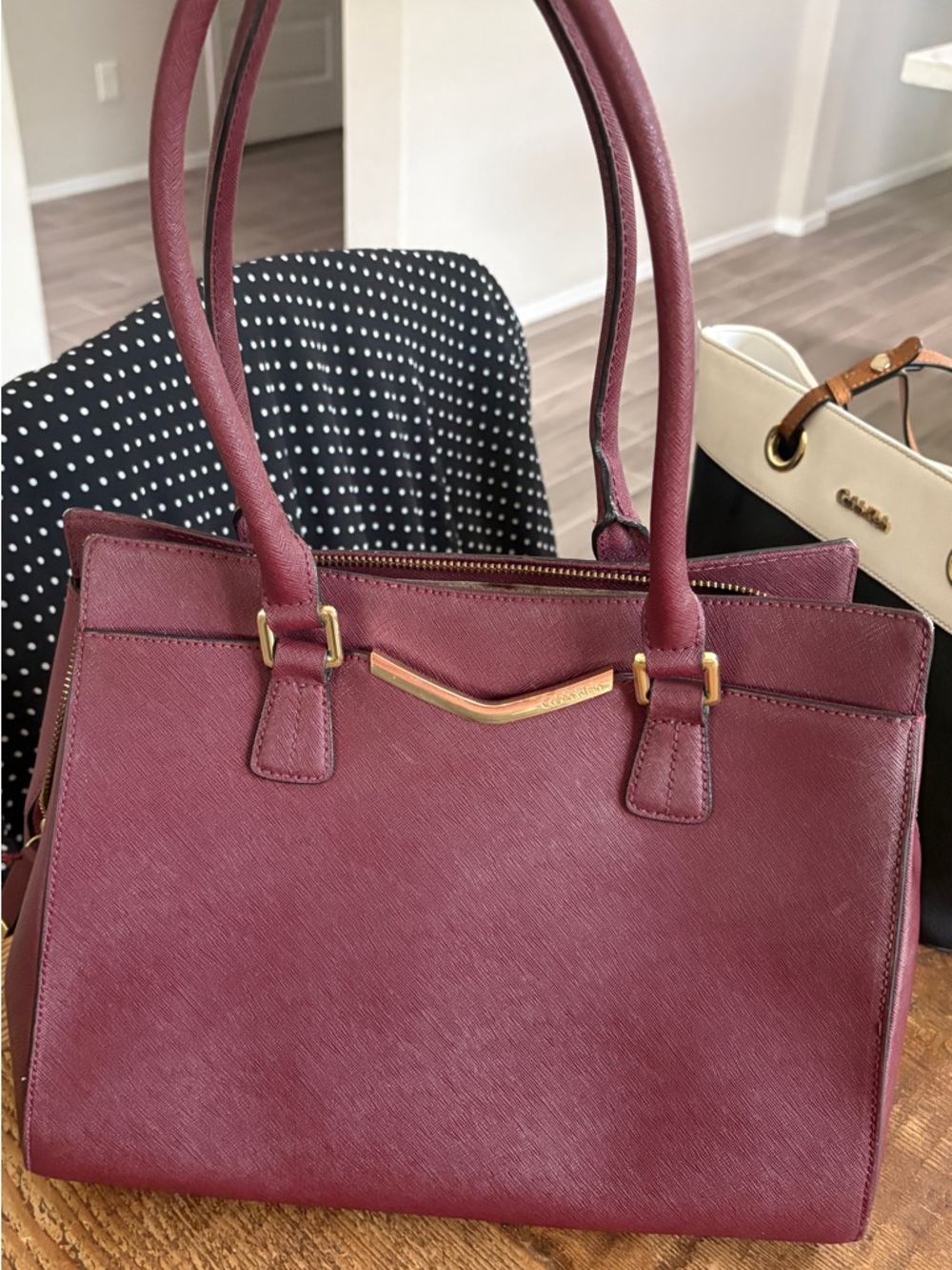 Calvin Klein Wine Satchel with Gold Hardware